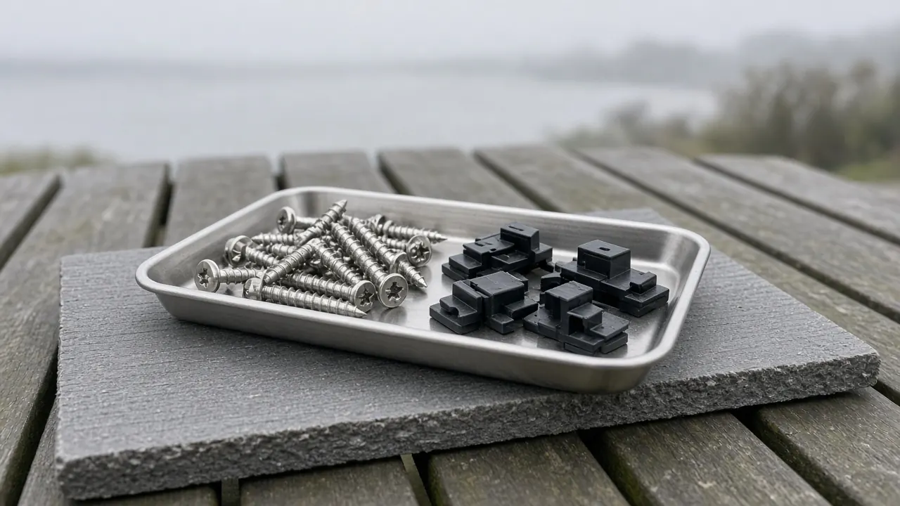 Example image: stainless-steel deck screws and hidden clips in a tray