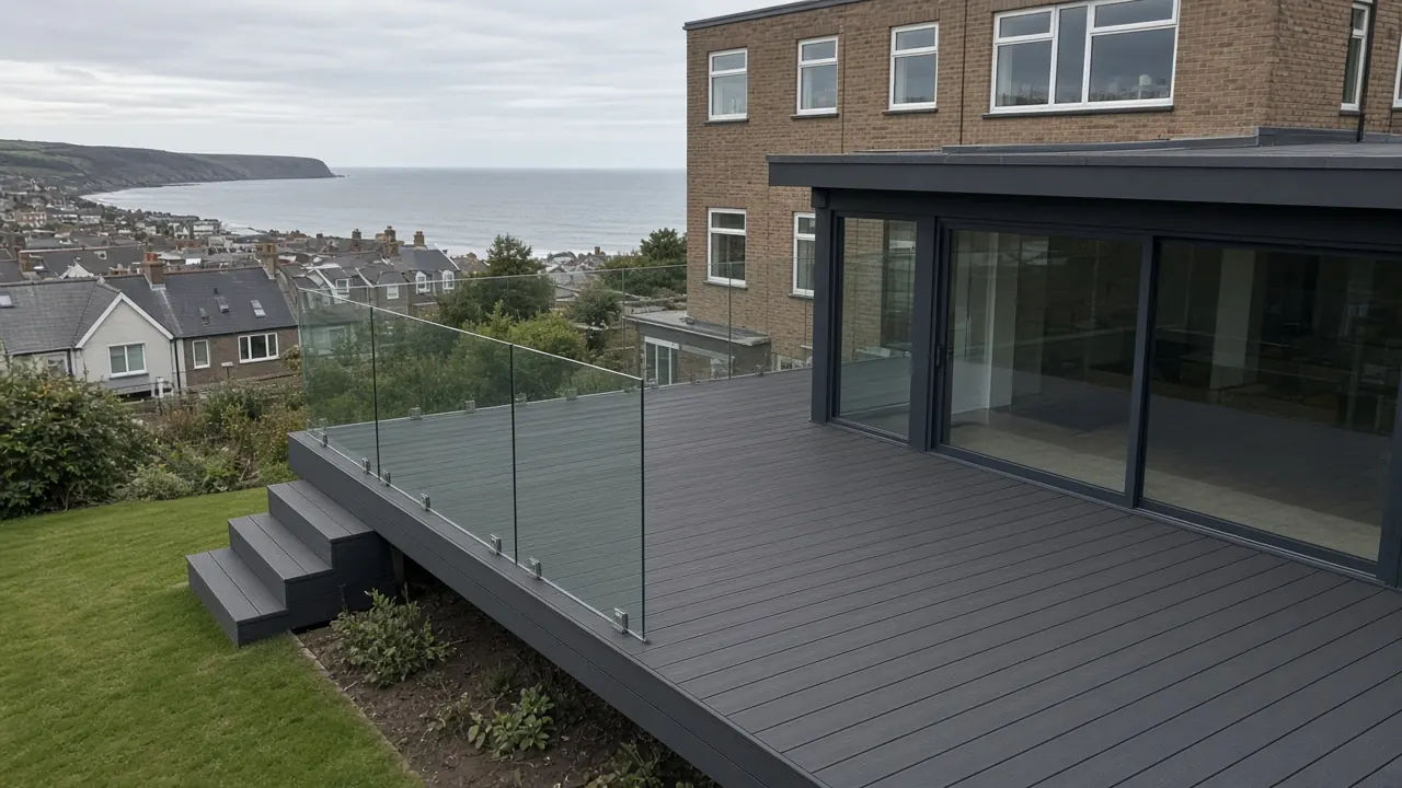 Example image: raised deck with glass balustrade looking towards the sea