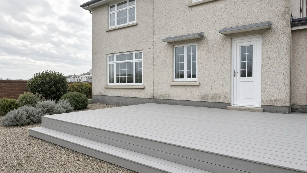 Example image: newly replaced composite deck behind a 1930s semi near the coast