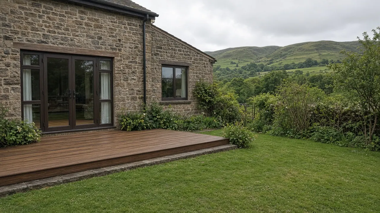 Example image: oiled hardwood deck outside a stone house in Guisborough