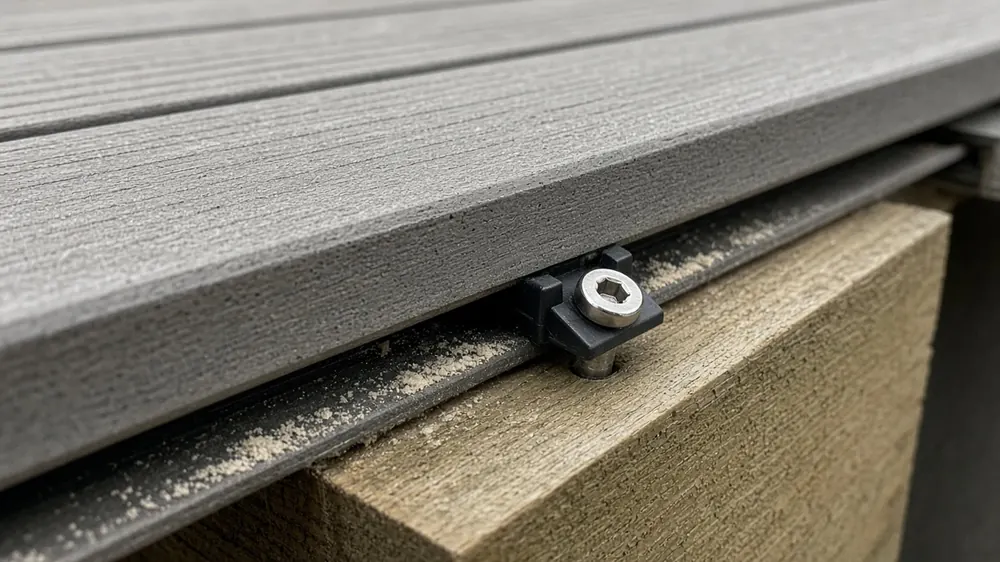 Example image: close view of stainless screws and clips on composite boards