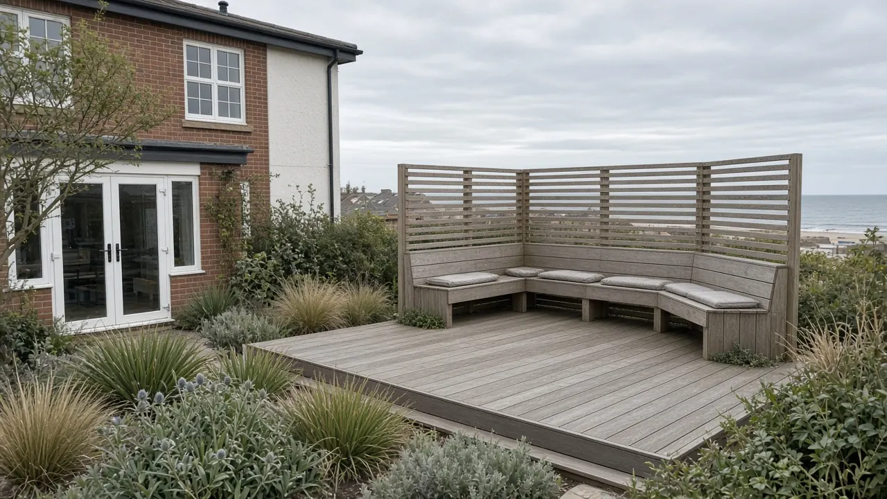 Example image: coastal composite deck with sheltered seating and grasses